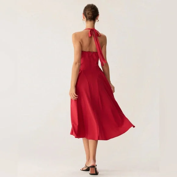 Rihoas Red Ruched Halter Midi Dress - Picture 4 of 8